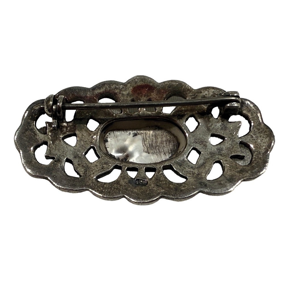 Vintage Sterling Silver .925 Marcasite Moonstone Cabochon Center Oval Brooch - Picture 2 of 2